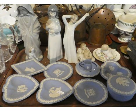 A Tray Containing Blue and White Wedgwood Jasperware, Nao and Other Spanish Figural Ornaments Etc 