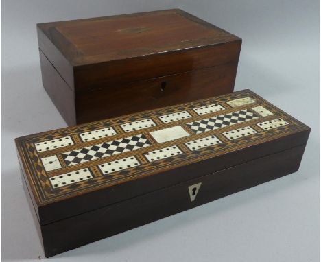 A Late Victorian Three Division Box with Hinged Lid having Inlaid Cribbage Board Top, 29.5cms Wide together with a Crossbande