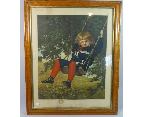 A Framed Victorian Print Depicting Girl on a Swing, 'Holiday Time', Set in Maple Frame,72.5x59cms 