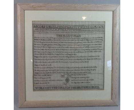 A Framed Sampler, The Happy Man, Worked by the Girls of the British School, Stratford Upon Avon 