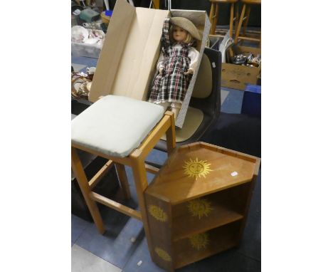 A Vintage Swivel Typists Chair, Stool, Corner Shelf Unit and a Doll 