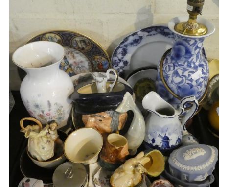 A Tray of Ceramics to Include Oriental Blue and White Table Lamp, Continental Decorated Plates, Aynsley Wild Tudor Vase, Roya