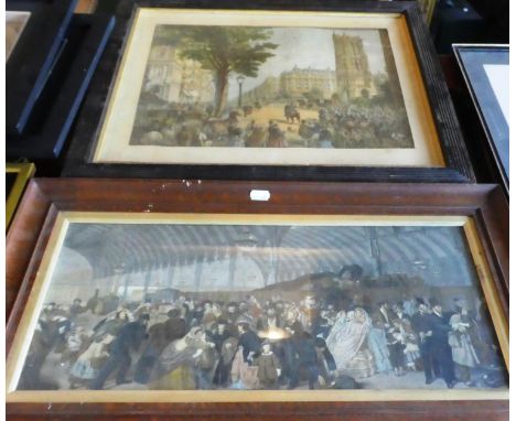 An Oak Framed Victorian Print of Railway Station and Framed Print of Military Parade 