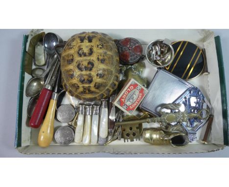 A Box of Curios to Include Button Irons, Metalwears, Circular Boxes Etc 