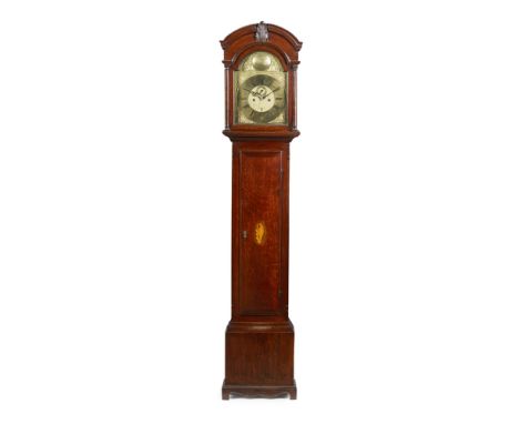 SCOTTISH OAK LONGCASE CLOCK BY JOHN LUMSDEN, ABERDEEN  18TH CENTURY   the arched cornice centred by a carved leaf motif, abov