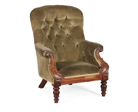 WILLIAM IV ROSEWOOD ARMCHAIR  EARLY 19TH CENTURY   the curved button upholstered back above scroll arms and deep padded seat,