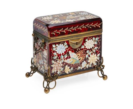 ENAMELLED RUBY GLASS CASKET, PROBABLY MOSER  19TH CENTURY   of rectangular form with gilt brass handles, the hinged lid openi