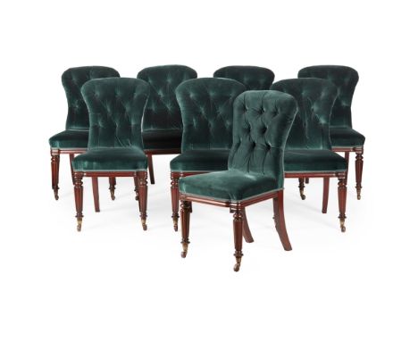 SET OF EIGHT EARLY VICTORIAN MAHOGANY DINING CHAIRS  MID 19TH CENTURY   the button upholstered backs above stuff over seats i