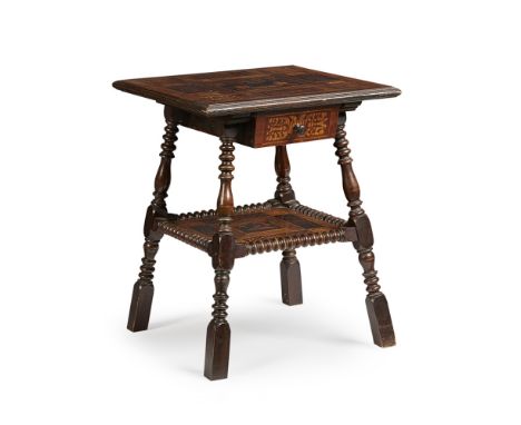 SWISS WALNUT AND MARQUETRY OCCASIONAL TABLE  19TH CENTURY   the square top over a box drawer, raised on splayed turned legs j