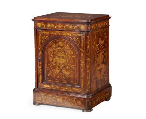 DUTCH WALNUT AND MARQUETRY CABINET  19TH CENTURY   the stepped rounded rectangular top over an arched moulded panel door, on 