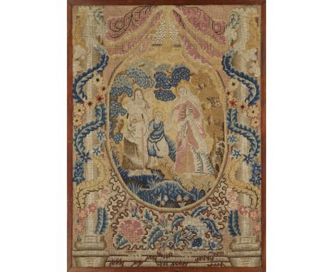 NEEDLEWORK PANEL  LATE 18TH/ EARLY 19TH CENTURY   rectangular, worked in gros and petit point, depicting Abraham, Isaac and S