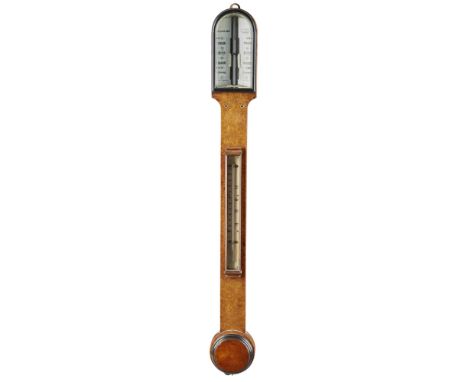 WILLIAM IV AMBOYNA AND EBONY STICK BAROMETER BY ELLIOT BROS.  EARLY 19TH CENTURY   with dual ivory gauges above a thermometer