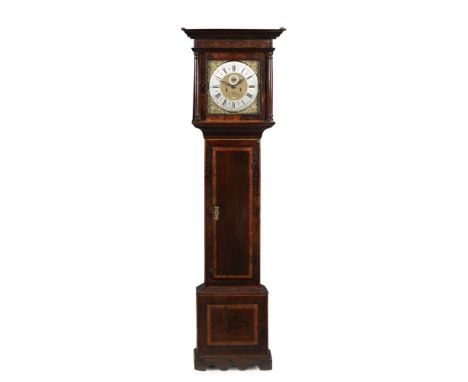 GEORGE II BURR WALNUT AND OAK LONGCASE CLOCK BY B. BRANDRETH, MIDDLEWICH  18TH CENTURY   the projecting straight cornice abov