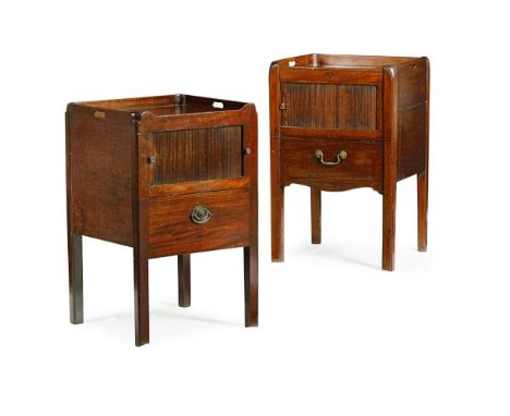 TWO GEORGE III MAHOGANY TRAY TOP BEDSIDE COMMODES  18TH CENTURY   both with cut out handles and tambour doors above pull-out 