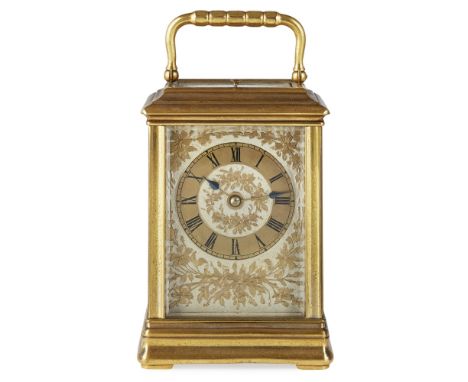 FRENCH GILT BRASS REPEATER CARRIAGE CLOCK  LATE 19TH/ EARLY 20TH CENTURY   the bevelled glass case enclosing silvered panels 