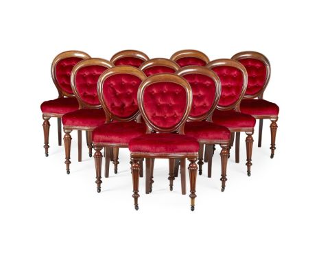 SET OF TEN VICTORIAN MAHOGANY DINING CHAIRS  19TH CENTURY   the button upholstered balloon backs and serpentine stuff over se
