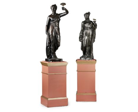 PAIR OF PAINTED PLASTER FIGURAL TORCHERES, IN THE MANNER OF HUMPHREY HOPPER  19TH CENTURY   modelled as classical draped ladi