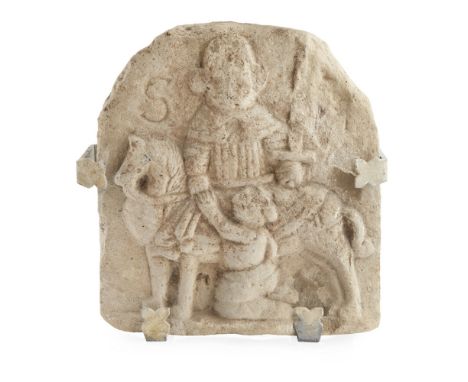 CARVED LIMESTONE PANEL OF SAINT MARTIN OF TOURS  14TH/ 15TH CENTURY   depicting St. Martin on horseback with his sword raised