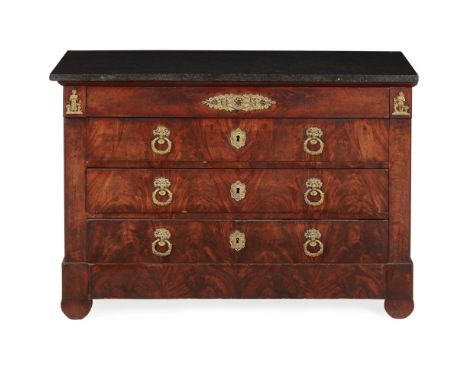 FRENCH RESTORATION MAHOGANY SLATE TOP COMMODE  EARLY 19TH CENTURY   the rectangular black slate top above a frieze drawer and