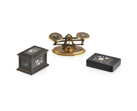 THREE DERBYSHIRE MARBLE DESK ITEMS  19TH CENTURY   all with flower inlay, comprising a small set of gilt brass postal scales 