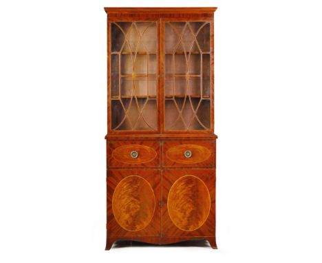 LATE GEORGE III MAHOGANY AND INLAY SECRETAIRE BOOKCASE  LATE 18TH CENTURY   the moulded cornice above a pair of astragal glaz