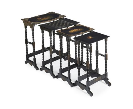 SET OF VICTORIAN EBONISED, PAINTED, AND ABALONE QUARTETTO TABLES  MID 19TH CENTURY   the largest table with a shaped top pain