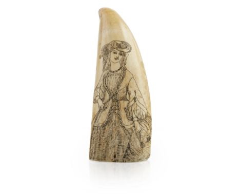 AMERICAN SCRIMSHAW WHALE'S TOOTH  MID-19TH CENTURY   engraved to one side with the figure of Liberty depicted with the cap of