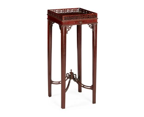GEORGE III MAHOGANY KETTLE STAND  18TH CENTURY   the square top with a pierced gallery above a single pull-out slide, raised 