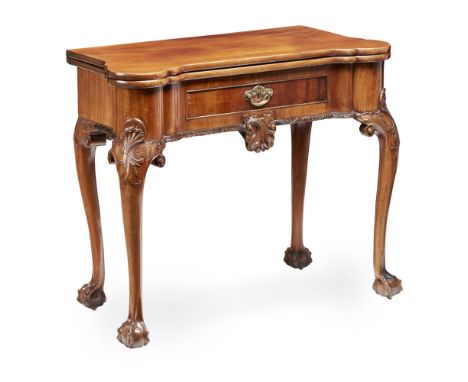 GEORGE I STYLE MAHOGANY CARD TABLE  19TH CENTURY   the shaped fold-over top with a green baize playing surface, above a singl