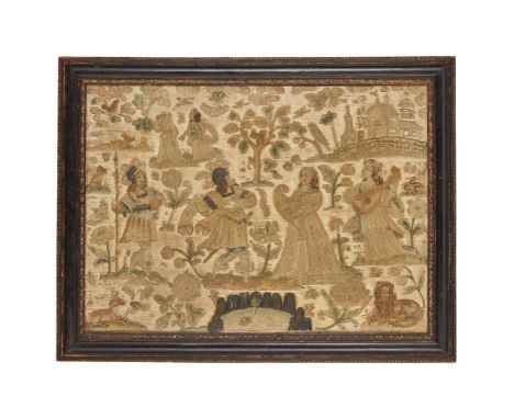 CHARLES II NEEDLEWORK PANEL  17TH CENTURY   worked in silk and metallic threads on a silk ground, depicting a lady with a har