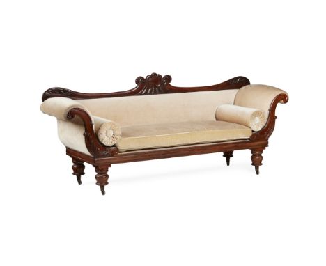 GEORGE IV MAHOGANY SOFA  EARLY 19TH CENTURY   the low back with an acanthus and C scroll carved top rail above a long loose c