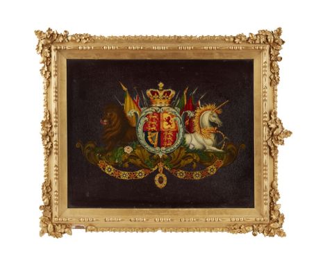 PAINTED COACH PANEL  19TH CENTURY   of rectangular form, depicting the lion and unicorn flanking the quartered shield of Grea