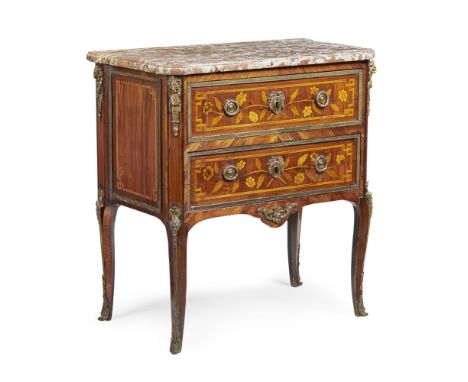 LOUIS XV KINGWOOD AND AMARANTH MARQUETRY COMMODE  18TH CENTURY   the moulded griotte marble top with canted corners above two
