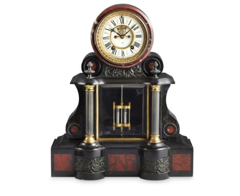 AMERICAN SLATE AND ROUGE MARBLE MANTEL CLOCK, BY ANSONIA CLOCK COMPANY, NEW YORK  LATE 19TH CENTURY   the drum case with a si