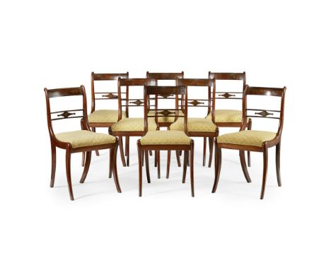 SET OF EIGHT REGENCY ROSEWOOD AND BRASS INLAID DINING CHAIRS BY WILKINSON OF LUDGATE HILL  EARLY 19TH CENTURY   the scroll ba