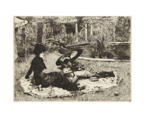 JAMES JACQUES JOSEPH TISSOT (FRENCH 1836-1902)  SUR L'HERBE   1880, etching  19.5cm x 26.5cm (7.75in x 10.5in), excluding mar