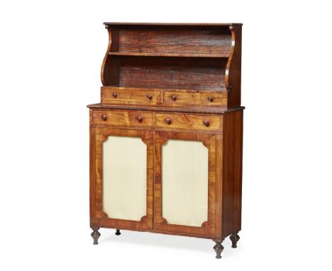 REGENCY ROSEWOOD CHIFFONIER  EARLY 19TH CENTURY   the bead moulded open top with a single shelf and two short drawers, above 