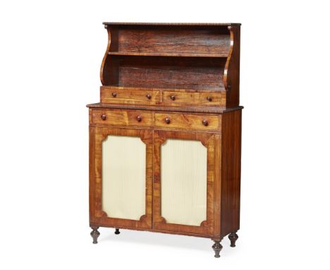 REGENCY ROSEWOOD CHIFFONIER  EARLY 19TH CENTURY   the bead moulded open top with a single shelf and two short drawers, above 