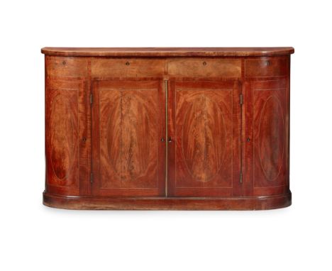 GEORGE III MAHOGANY BOW FRONT SIDE CABINET  LATE 18TH CENTURY   the shallow bowfront top over four dummy short frieze drawers