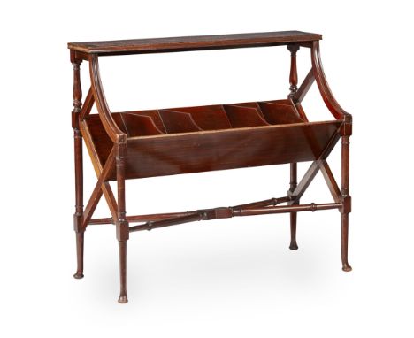 EDWARDIAN MAHOGANY BOOK TROUGH  EARLY 20TH CENTURY   with a five division trough raised on ring turned legs joined by a X-str