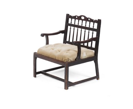 GEORGE III MAHOGANY 'DRUNKARD'S' CHAIR  18TH CENTURY   the low back with a pierced and shaped top rail over turned spindles, 
