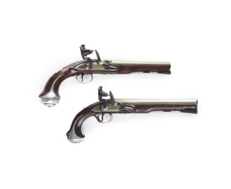 PAIR OF SILVER MOUNTED FLINTLOCK HOLSTER PISTOLS, BY DANIEL MOORE, LONDON  HALLMARKED LONDON 1774   each with brass locks and