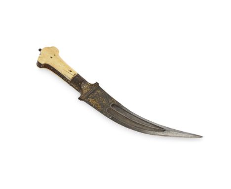 RARE MUGHAL DAGGER (KHANJAR)  CIRCA 1790   with a two piece slab sided ivory grip and shaped pommel, below the iron cord hold