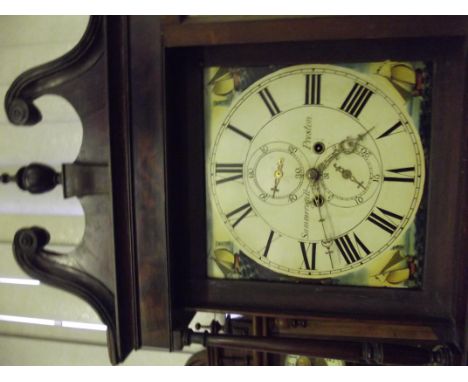 Eight day longcase clock by Summersgill of Preston, square painted dial with ship scene spandrels, mahogany case with broken 