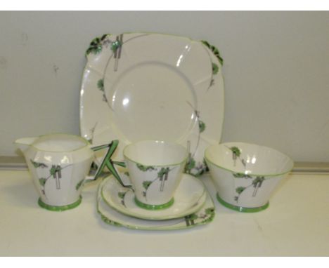 Royal Albert art deco 'Embassy' pattern tea set comprising twelve cups, twelve saucers, eleven square plates, cream jug, suga