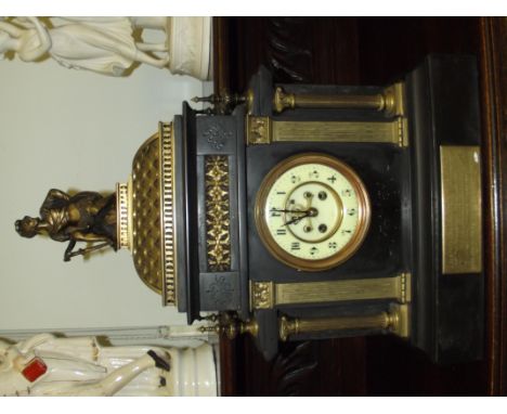 Victorian slate and brass mantel clock, architectural form, fluted and reeded columns flanking a circular dial with Arabic nu