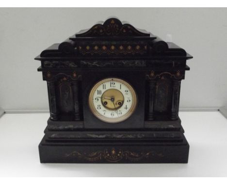 Victorian slate mantel clock, architectural form, marble inset and marble columns, white enamel dial with Arabic numerals, he