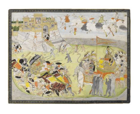 An illustration from a Ramayana series, depicting the victory of Rama over Ravana, with celestial rejoicing and earthly homag