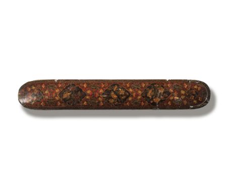 A Zand lacquer penbox (qalamdan) Persia, mid-18th Centurywith rounded ends and sliding tray, decorated in polychrome and gilt