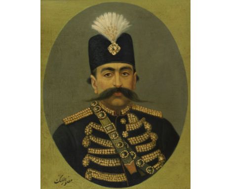 Muzaffar al-Din Shah Qajar (reg. 1896-1907) Qajar Persia, circa 1900oil on canvas, in a painted oval, signed Musavvir al-Mulk